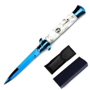 8.75 AKC Blue Branch Titanium White Shell Stiletto Switchblade